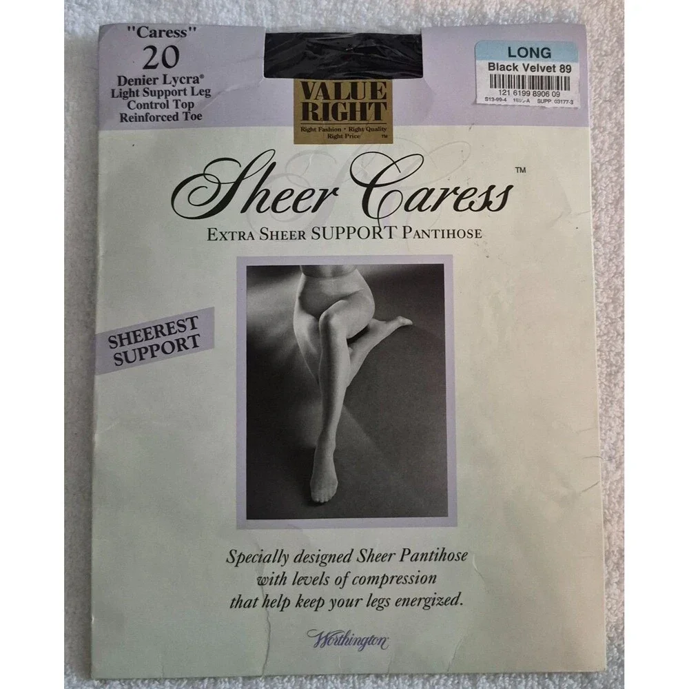 Worthington Sheer Caress Pantyhose Size Long Black Velvet Support Control Top
